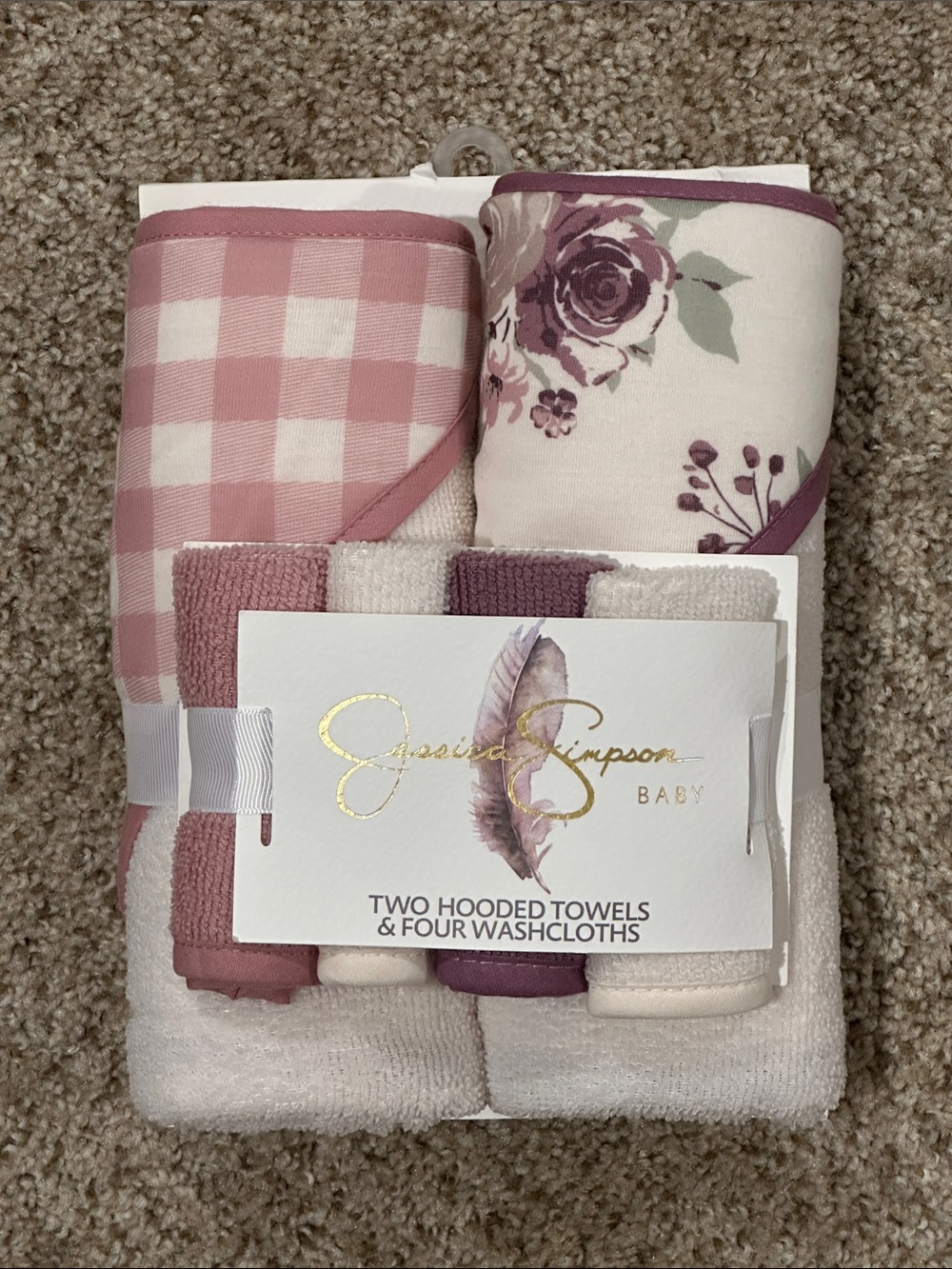 Jessica Simpson Baby Hooded Towels & Washcloths - Pink Floral & Gingham Accents